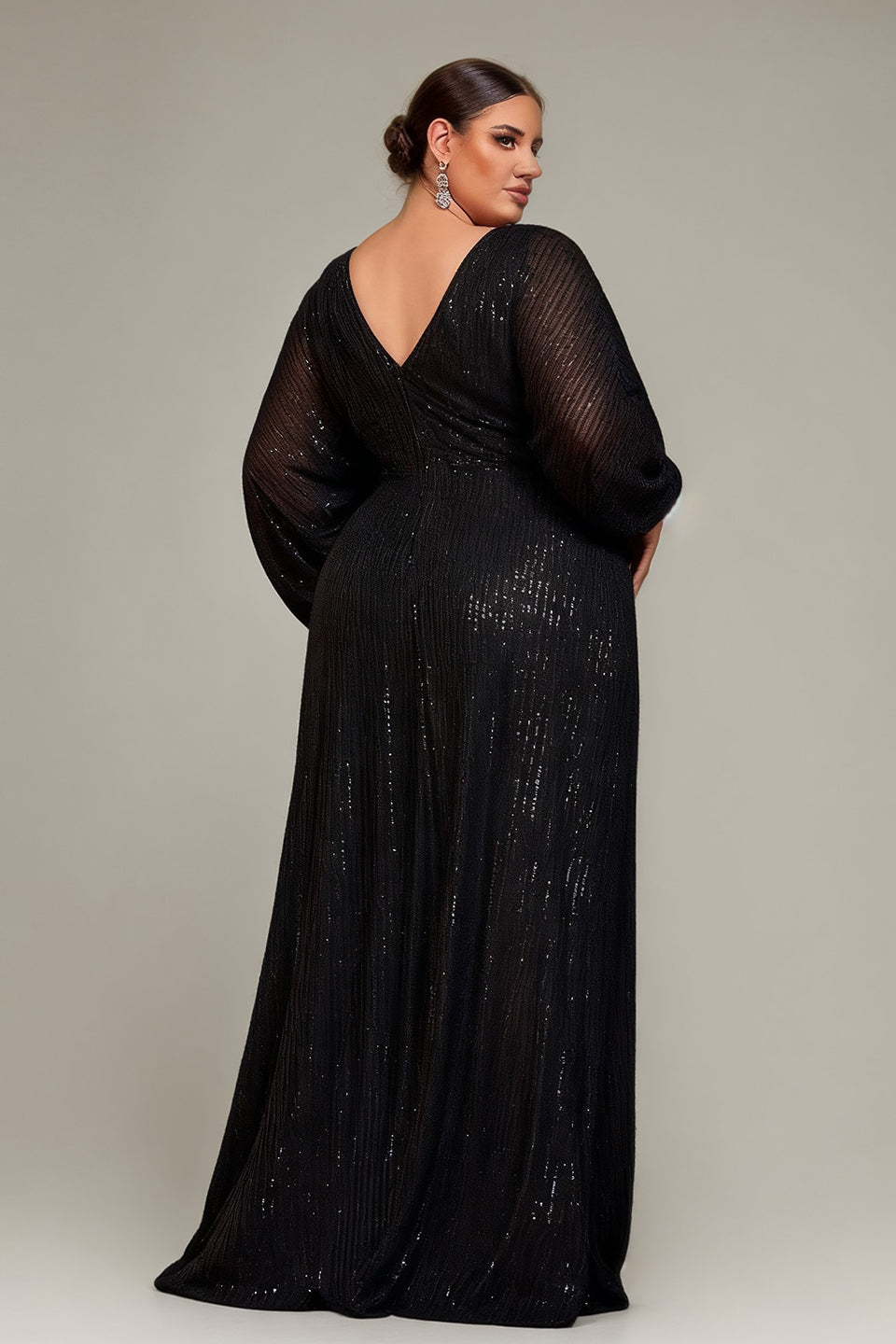 Curveins Chic Plus Size Sequin Maxi Dress With V-Neck Lantern Sleeves