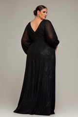 Curveins Chic Plus Size Sequin Maxi Dress With V-Neck Lantern Sleeves