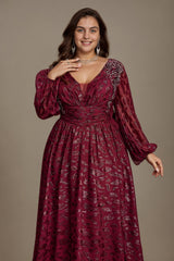 Curveins Chic Plus Size V-Neck Floral Pattern Lantern Sleeve Gown