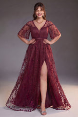 Curveins Plus Size V Neck Batwing Sleeve Floral Print Side Slit Flowy Maxi Dress