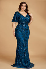 Curveins Plus Size V-Neck Batwing Sleeve Floral Sequin Bodycon Maxi Dress