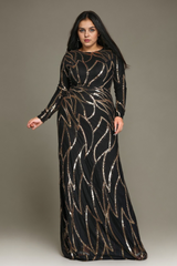 Curveins Plus Size Round Neck Long Sleeve Sexy Sequin Maxi Party Dress