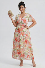 Curveins Plus Size V Neck Batwing Sleeve Cinched Waist Floral Pattern Maxi Dress