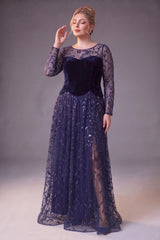 Curveins Plus Size Crew Neck Long Sleeve Leaf Sequin High Slit Velvet Maxi Dress