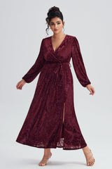 Curveins Plus Size Burgundy Velvet Wrap Maxi Dress