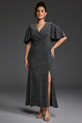 Curveins Plus Size V-Neck Ruffle Sleeve Maxi Dress