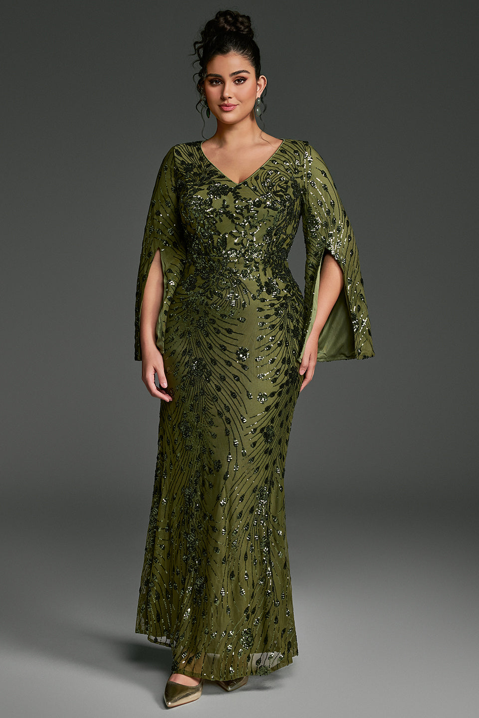 Curveins Plus Size V-Neck Long Sleeves Sequin Floral Bodycon Maxi Dress