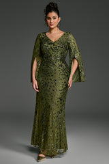 Curveins Plus Size V-Neck Long Sleeves Sequin Floral Bodycon Maxi Dress