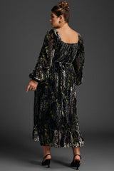 Plus Size Floral Velvet Draped Collar Long Dress