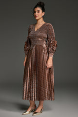 Curveins Plus Size V-Neck Long Sleeve Waist Tie Pleated Maxi Dress