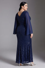Curveins Plus Size V Neck Long Sleeve Sequin Bodycon High Slit Elegant Maxi Dress