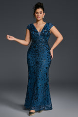 Curveins Plus Size V-neck and Waist Cinch Sequin Maxi Dress