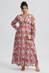 Curveins Plus Size V Neck Long Sleeve Floral Waist Maxi Dress