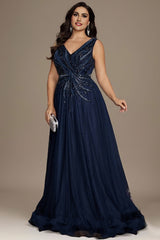 Curveins Elegant Plus Size V-Neck Sleeveless Glitter Pleated Evening Gown