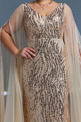 Curveins Plus Size V-Neck Sequin Maxi Dress with Cape Sleeves