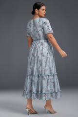 Curveins Plus Size V-Neck Floral Ruffle Sleeve Maxi Dress