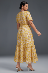 Curveins Plus Size V-Neck Floral Ruffle Sleeve Maxi Dress