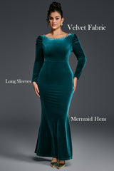Curveins Plus Size Round Neck Long Sleeve Rhinestone Waist Bodycon Velvet Maxi Dress