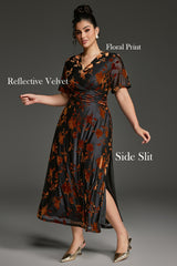 Curveins Plus Size Velvet Surplice Vintage Plain Maxi Dress