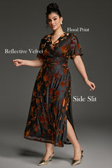 Curveins Plus Size Velvet Surplice Vintage Plain Maxi Dress