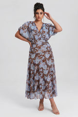 Curveins Plus Size V Neck Puff Sleeve Waist Defining Floral Print Elegant Maxi Dress