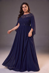 Curveins Plus Size Crew Neck Cape Sleeve Panelled Elegant Flowy Maxi Dress