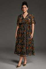 Curveins Plus Size V-Neck Sheer Batwing Sleeve Floral Velvet Maxi Dress