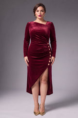Curveins Plus Size Velvet Asymmetric One Shoulder Long Sleeve Ruched Slit Elegant Midi Dress
