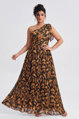 Curveins Plus Size One Shoulder Striped Cinched Waist Flowy Maxi Dress