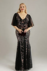 Curveins Plus Size V-Neck Batwing Sleeve Sequin Bodycon Maxi Dress
