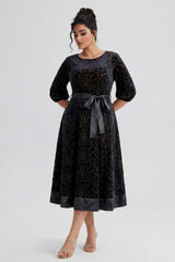 Curveins Plus Size Round Neck Floral Embroidery Belted Velvet Midi Dress