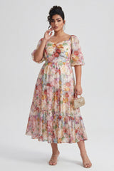 Curveins Plus Size V-Neck Flower Print Pleated Maxi Dress