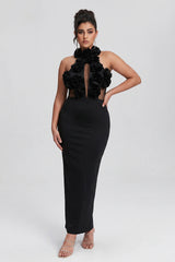 Curveins Plus Size Sexy Halter Neck Large Flower Fitted Back Slit Maxi Dress