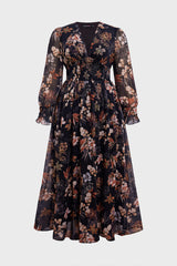 Curveins Plus Size V Neck Long Sleeve Floral Cinched Waist Maxi Dress