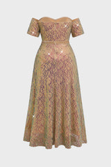Curveins Plus Size Off-Shoulder Waist Cinched Striped Sequin Maxi Evening Dress