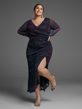 Plus Size Contrast Mesh Lantern Sleeve Wrap Dress