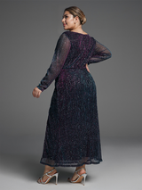 Plus Size Contrast Mesh Lantern Sleeve Wrap Dress