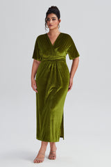 Curveins Plus Size Elegant Velvet V-Neck Shirred Maxi Dress