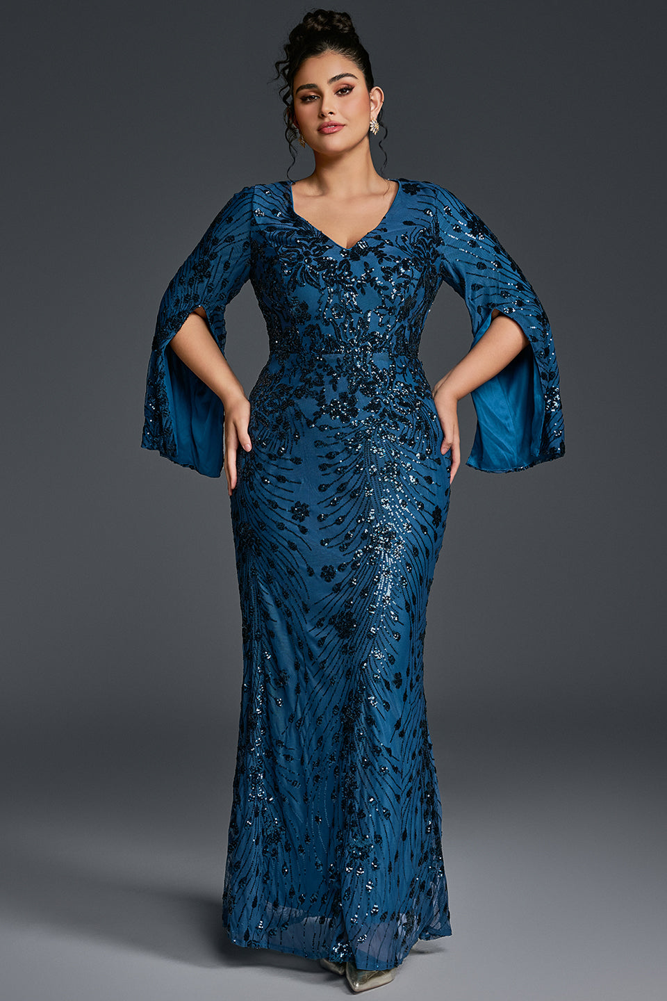 Curveins Plus Size V-Neck Long Sleeves Sequin Floral Bodycon Maxi Dress