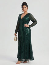 Curveins Plus Size V Neck Long Sleeve Sequin Maxi Dress