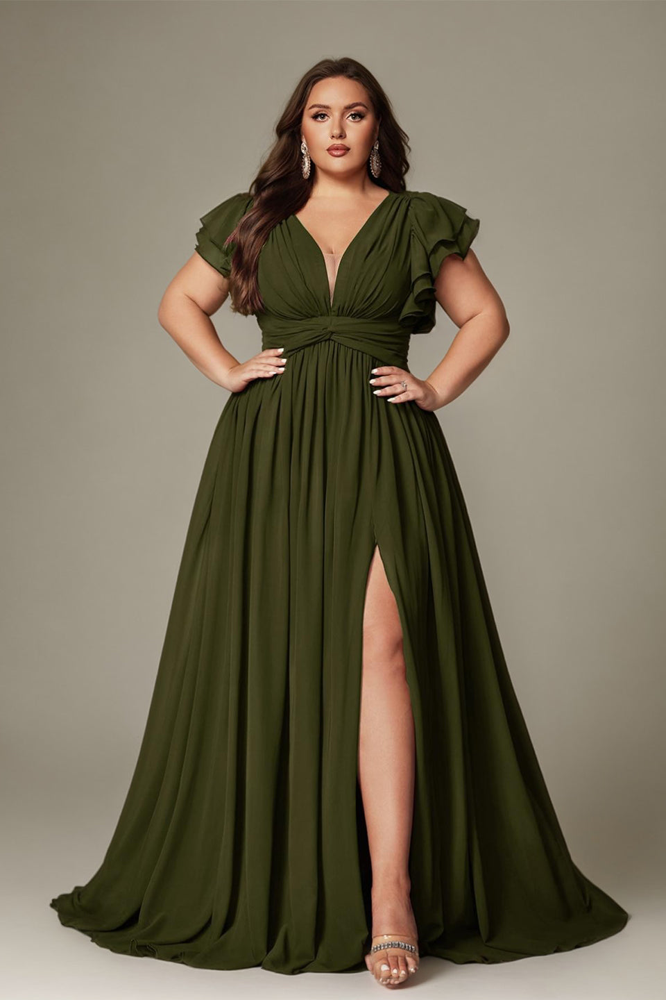 Curveins Plus Size V-Neck Ruffle Sleeve Split A-Line Maxi Dress