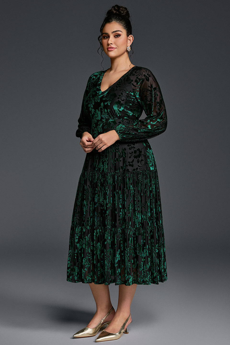 Curveins Plus Size V-Neck Flowy Bell Sleeves Pleated Velvet Midi Dress