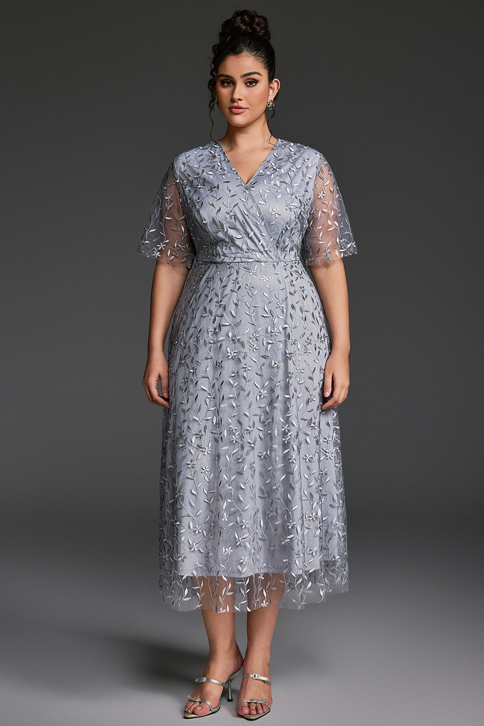 Curveins Plus Size V-Neck Ruffle Sleeve Embroidered Maxi Dress