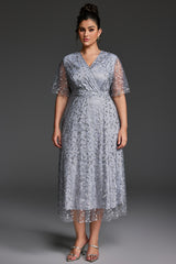 Curveins Plus Size V-Neck Ruffle Sleeve Embroidered Maxi Dress
