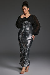 Curveins Plus Size V-Neck Puff Sleeve Patchwork Sequin Bodycon Maxi Dress