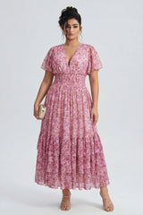 Curveins Plus Size Floral Smocked Waist Ruffle Sleeve Maxi Dress