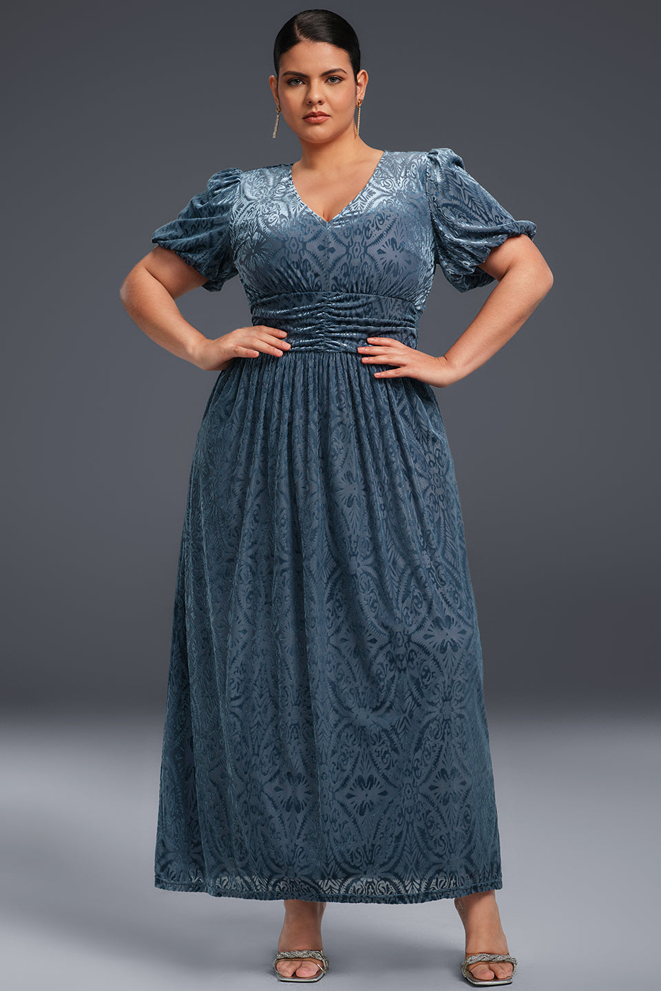 Curveins Plus Size V-Neck Velvet Plain Maxi Dress