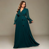Curveins Plus Size V-Neck Long Sleeve Belted Waist Maxi Dress