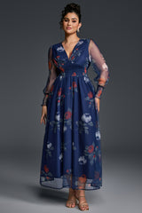 Curveins Plus Size V-Neck Floral Mesh Maxi Dress