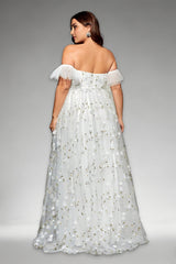 Curveins Plus Size Off-Shoulder Elegant Floral Detail Cinched-Waist Maxi Dress